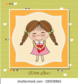 Funny girl with hearts. Doodle cartoon character. Vector Illustration.
