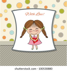 Funny girl with hearts. Doodle cartoon character. Vector Illustration.