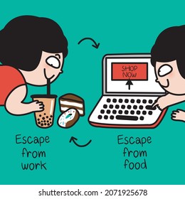 Funny Girl With Her Activity While Escaping From Work And From Food Concept Card Character illustration