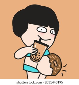 Funny Girl With Her Donut Shaped Belly Drinking A Cup Of Bubble Milk Tea Concept Card Character illustration