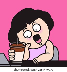 Funny Girl With Her Happy Hands Holding A Cup Of Cold Brew Coffee Latte At Office Desk Concept Card Character illustration
