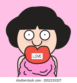 Funny Girl With Her Huge Red Heart Bursting Out From Chest Concept Card Character illustration