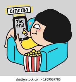 Funny Girl With Her Mobile Activity At Cinema From Home Concept Card Character illustration