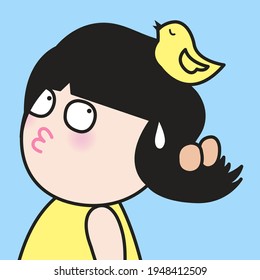 Funny Girl With Her Neck Length Hair And A Bird's Nest On It Concept Card Character illustration