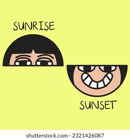 Funny Girl With Her Tired And Sleepy Sunrise Face Versus Her Bright And Cheerful Sunset Face Concept Card Character illustration