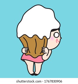 Funny Girl Is Hiding In A Whip Cream And Cup Cake. Sweets Lovers Concept Card Character illustration