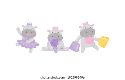 Funny Girl Hippopotamus Wearing Bow on Her Head Dancing and Playing with Doll Vector Set