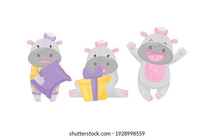 Funny Girl Hippopotamus Wearing Bow on Her Head Holding Gift Box and Jumping with Joy Vector Set