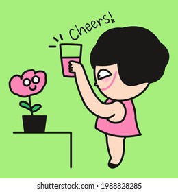 Funny Girl is Holding Her Glass To Say Cheers To The Flower. The Intimate Relationship Of Plants And People Concept Card Character illustration