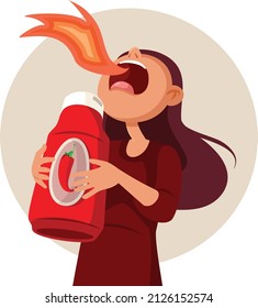 
Funny Girl Holding Hot Sauce Bottle Vector Cartoon Illustration. Woman craving piquant dressing having her mouth in flames 
