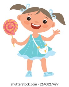 Funny girl holding lolipop. Cute cartoon kid with sweet candy