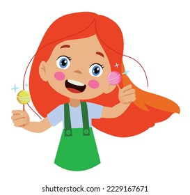 Funny girl holding lolipop Cute cartoon kid with sweet candy