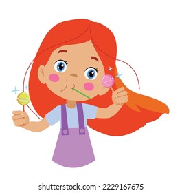 Funny girl holding lolipop Cute cartoon kid with sweet candy