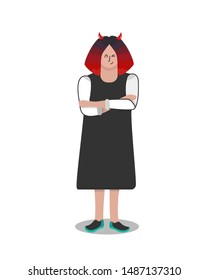 Funny girl with horns and red gradient umber hair in black and white dress. Evil, sly, smiling and winking.  Simple shapes. Devil character with arms crossed, full length.