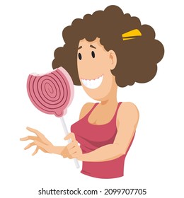 Funny girl with a huge candy. Illustration concept for mobile website and internet development.