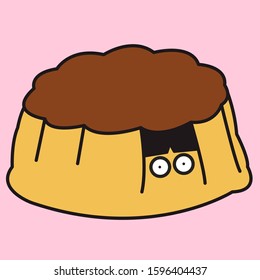 Funny Girl Inside The Caramel Pudding. Concept Of Sweet Lover Card Character illustration