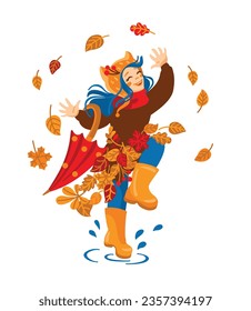 Funny girl jumping through puddles in an autumn park. Vector.