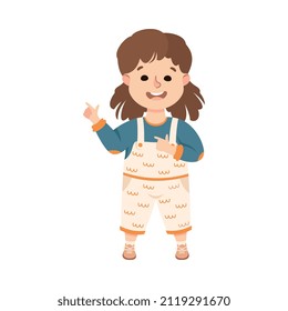 Funny Girl in Jumpsuit Pointing at Something with Extending Hand and Index Finger Vector Illustration