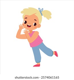 Funny Girl Kid Character Enjoy and Having Fun Vector Illustration