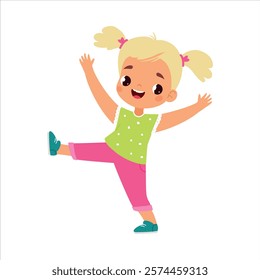 Funny Girl Kid Character Enjoy and Having Fun Vector Illustration