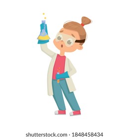 Funny Girl in Laboratory Coat Holding Glass Flask with Chemical Vector Illustration