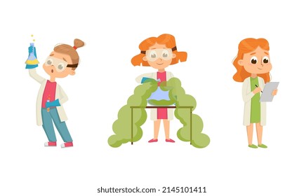 Funny Girl in Laboratory Coat Making Research with Chemicals in Glass Flask Vector Illustration Set