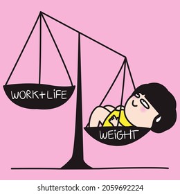 Funny Girl Laying In The Scale Of Unbalanced Work Life And Weight Concept Card Character Illustartion