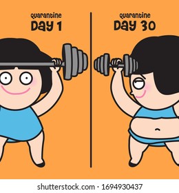 Funny Girl Lifting Weights With Different Size Of Body In Day 1 And Day 30 During Self Quarantine Period Concept Card Character illustration