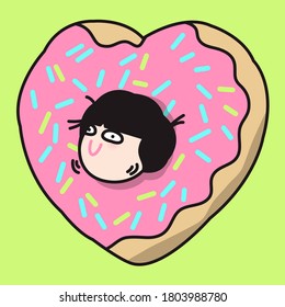 Funny Girl Living Inside The Donut Concept Card Character illustration