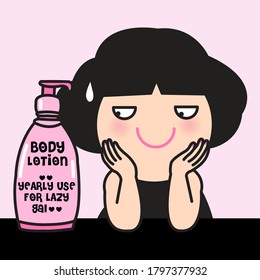 Funny Girl Looking At A Yearly Use Body Lotion For Lazy Gal Concept Card Character illustration