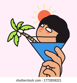 Funny Girl Lying Herself With Palm Tree In A Glass Sea On Sunny Day Concept Card Character illustration