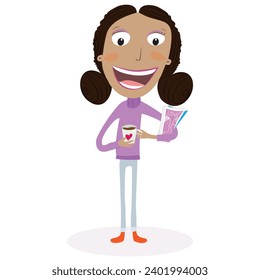 Funny girl with magazines and drinking coffee. Vector illustration.
