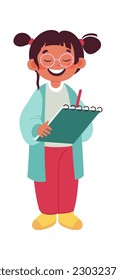 Niña divertida haciendo notas en un cuaderno. Ilustración del vector