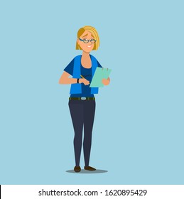 Funny girl Manager with a tablet. Delivery service.warehousing-managing the flow of resources.Vector illustration in cartoon style.