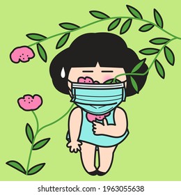 Funny Girl In Medical Face Mask Getting Some Fresh Air From Flowers Concept Card Character illustration