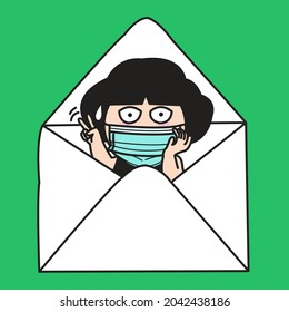 Funny Girl In Medical Face Mask is Saying Hello From Inside The Pocket Envelope. Staying Connected With Loved Ones During The Pandemic By Sending Them Mail Concept Card Character illustration