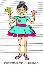 Chica divertida con un vestido de menta y zapatillas de lilac sostiene pistola y helado de fresa, caricatura