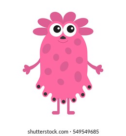 Funny girl monster with big eyes. Cute cartoon character. Pink color. Baby collection. Isolated. Happy Halloween card. White background. Flat design. Vector illustration.
