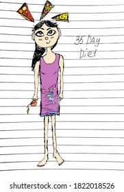 Funny Girl In A Nightgown Dreams Of Pizza. Diet, Proper Nutrition, Apple, Cartoon, Drawing