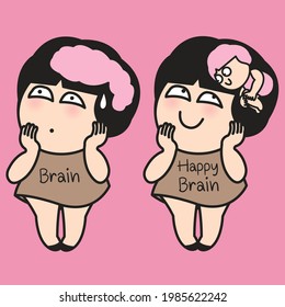 Funny Girl With Normal Brain Versus Abnormal Relaxing Herself Shaped Brain Concept Card Character illustration