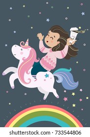 Funny girl on a unicorn with a cartoon coffee paper cup.  Vector illustration. Cute poster.