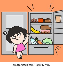 Funny Girl With One Door Closes, Another Fridge Door Opens Concept Card Character illustration
