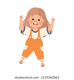 Funny Girl in Orange Jumpsuit Pointing at Something with Extending Hand and Index Finger Vector Illustration