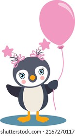 Funny girl penguin holding a balloon