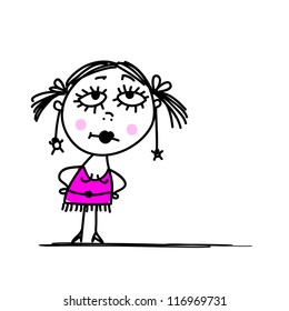 Funny girl in pink dress for your design