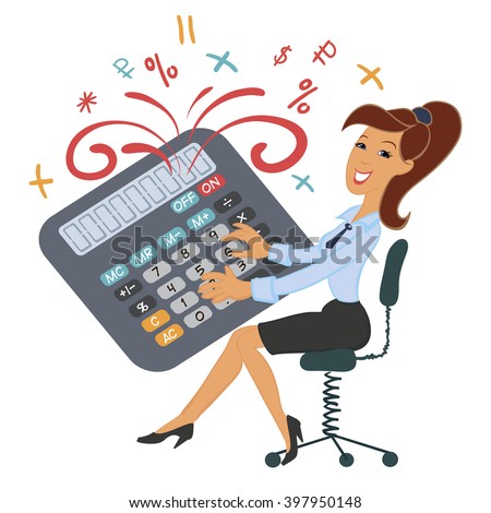 Funny girl playing calculator. Accountant, manager. Calculations, numbers, counting. Fireworks. Fountain of numbers and characters