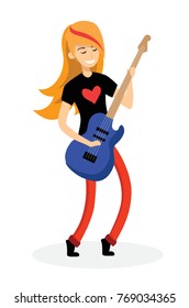 Funny girl playing guitar, cartoon vector illustration isolated on white background.