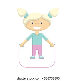 Funny girl playing on the playground. Cartoon characters on white background. Happy jumping on the rope.