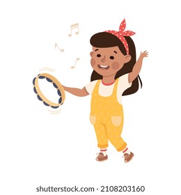 Funny Girl Playing Tambourine Musical Instrument Performing on Stage Vector Illustration