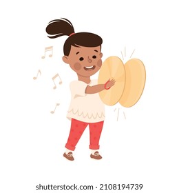 Funny Girl with Ponytail Playing Cymbal Musical Instrument Performing on Stage Vector Illustration